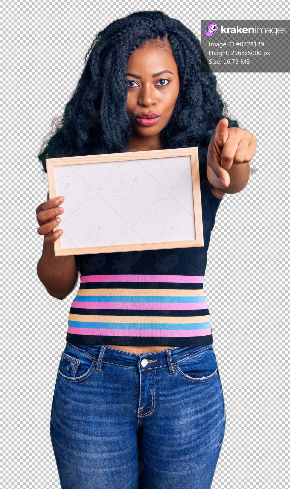 Beautiful african american woman holding blank empty banner pointing with finger to the camera and to you, confident gesture looking serious