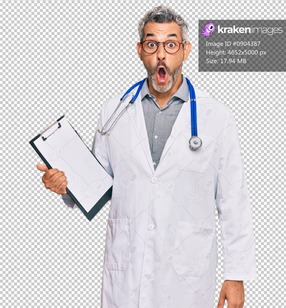 Middle age grey-haired man wearing doctor stethoscope holding clipboard scared and amazed with open mouth for surprise, disbelief face