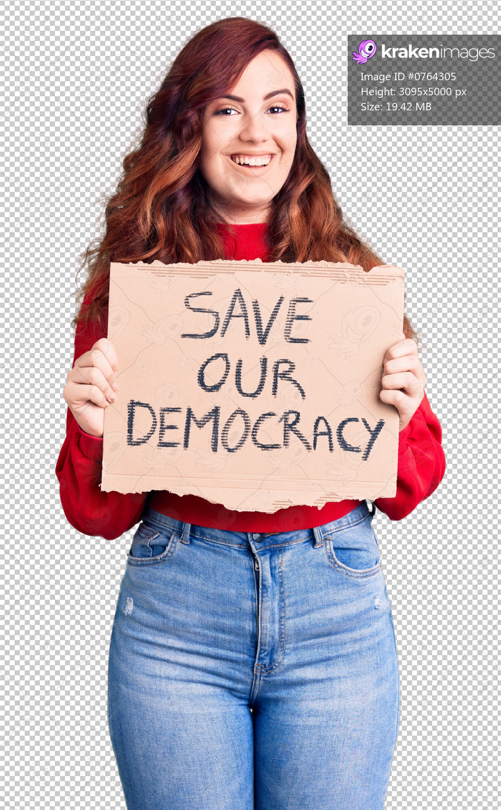 Young beautiful woman holding save our democracy protest banner looking positive and happy standing and smiling with a confident smile showing teeth