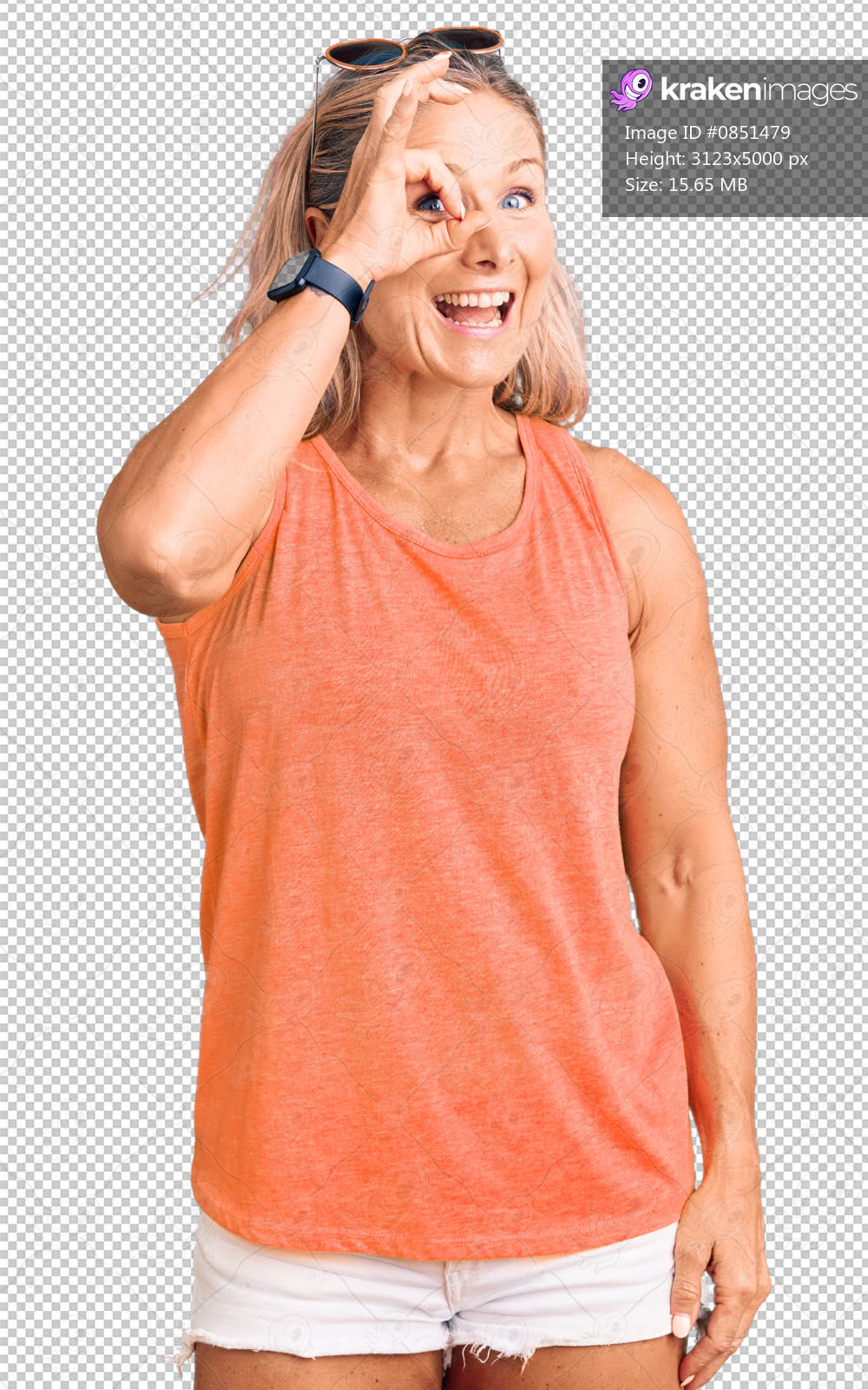Middle age fit blonde woman wearing casual summer clothes and sunglasses doing ok gesture with hand smiling, eye looking through fingers with happy face.