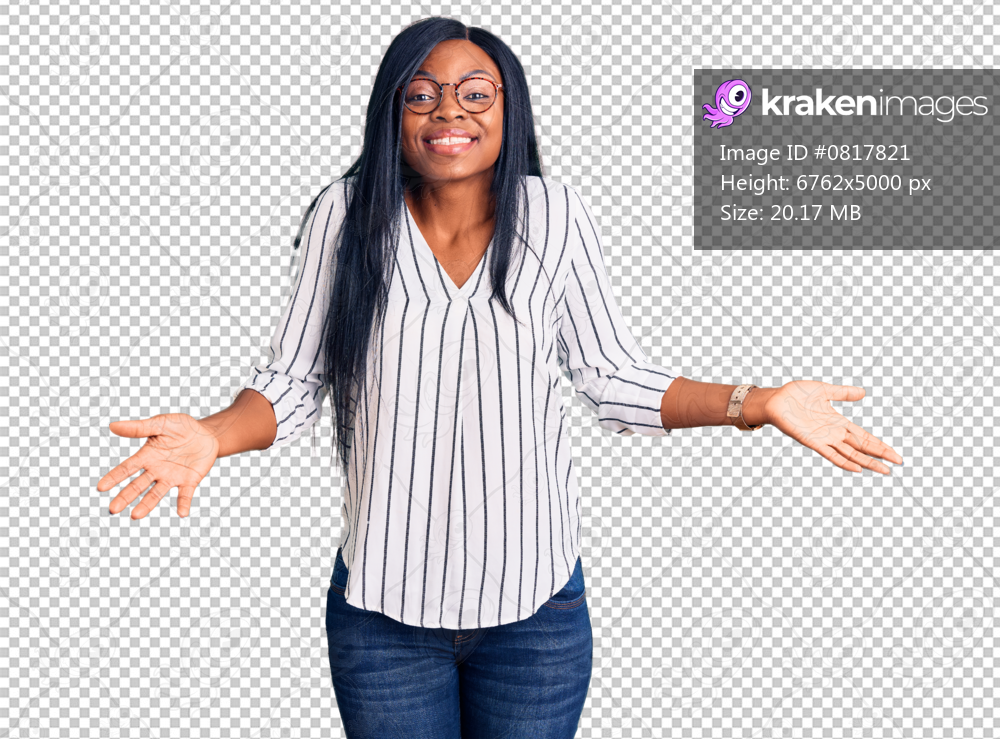 Young african american woman wearing casual clothes and glasses smiling showing both hands open palms, presenting and advertising comparison and balance