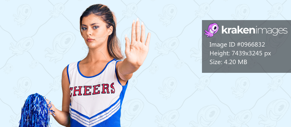 Young beautiful woman wearing cheerleader uniform doing stop sing with palm of the hand. warning expression with negative and serious gesture on the face. 