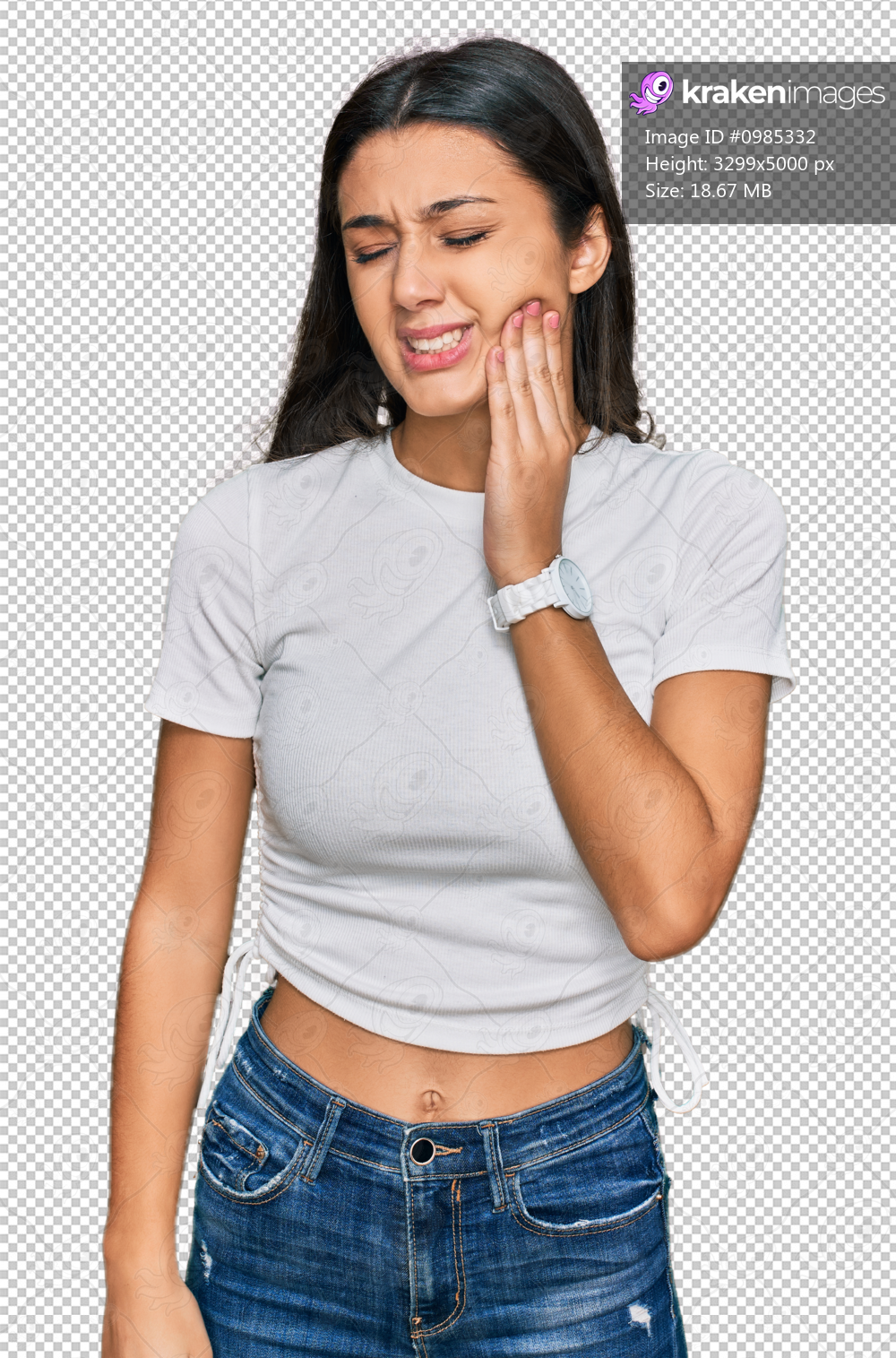 Young hispanic girl wearing casual white t shirt touching mouth with hand with painful expression because of toothache or dental illness on teeth. dentist
