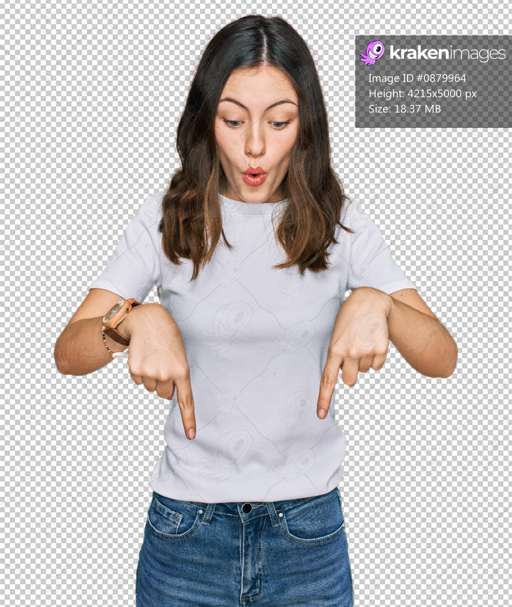 Young beautiful woman wearing casual white t shirt pointing down with fingers showing advertisement, surprised face and open mouth