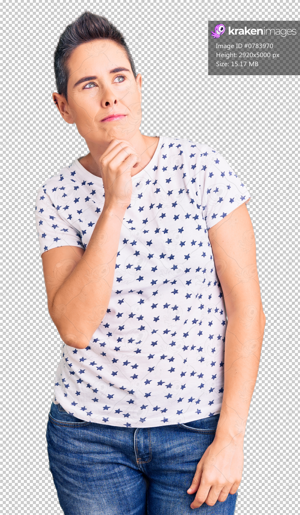 Young woman with short hair wearing casual clothes serious face thinking about question with hand on chin, thoughtful about confusing idea