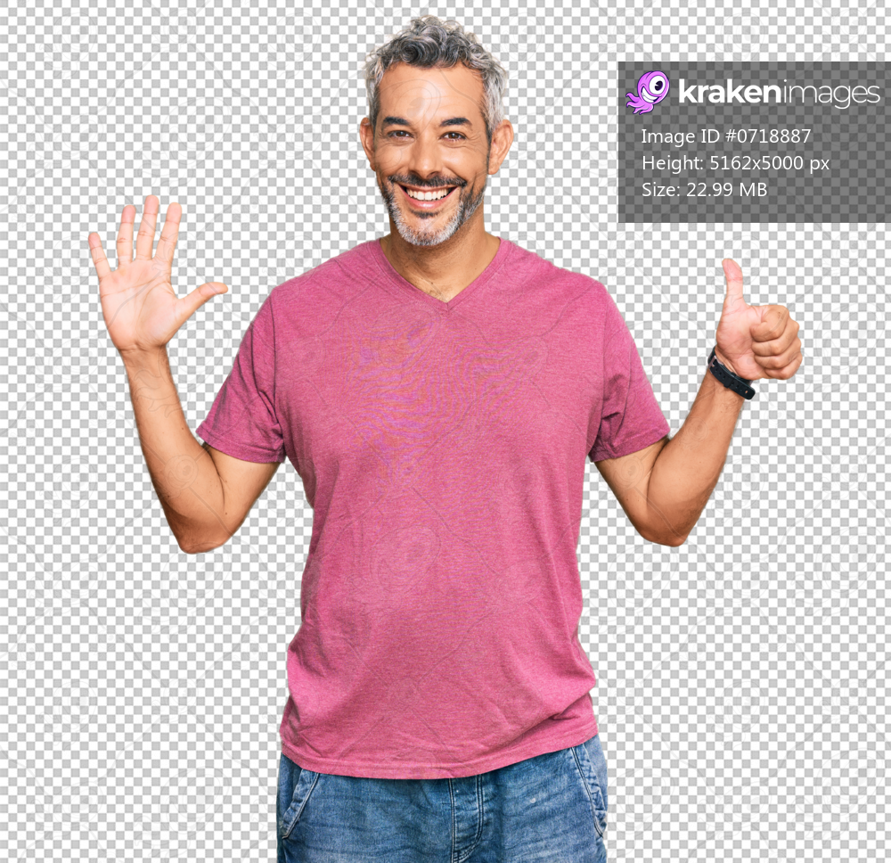 Middle age grey-haired man wearing casual clothes showing and pointing up with fingers number six while smiling confident and happy.