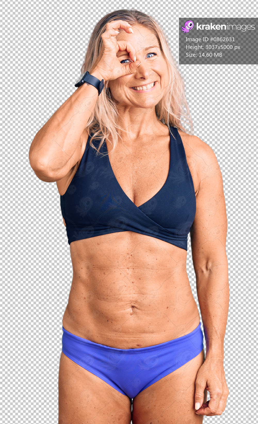 Middle age fit blonde woman wearing bikini doing ok gesture with hand smiling, eye looking through fingers with happy face.