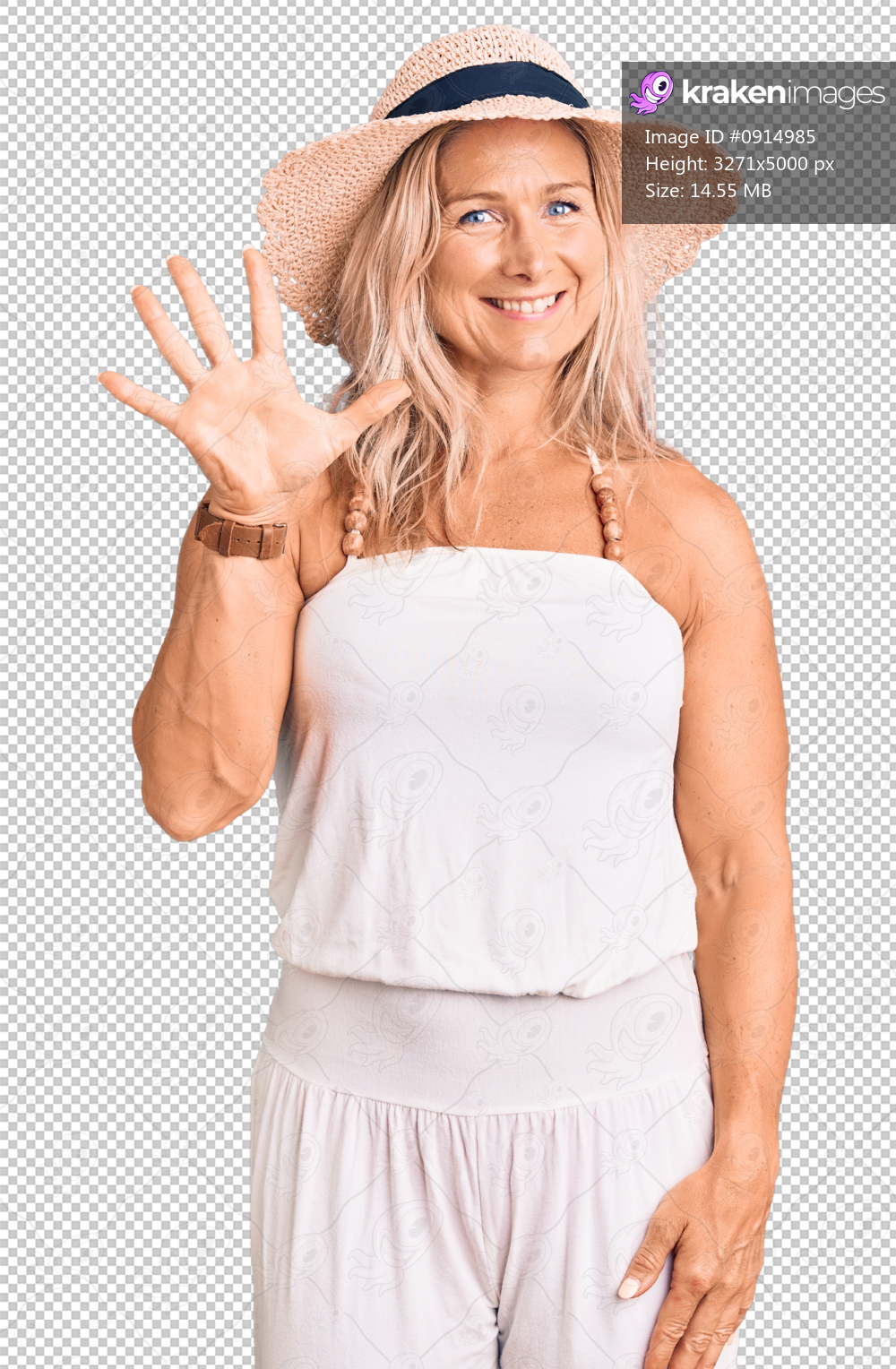 Middle age fit blonde woman wearing summer hat showing and pointing up with fingers number five while smiling confident and happy.