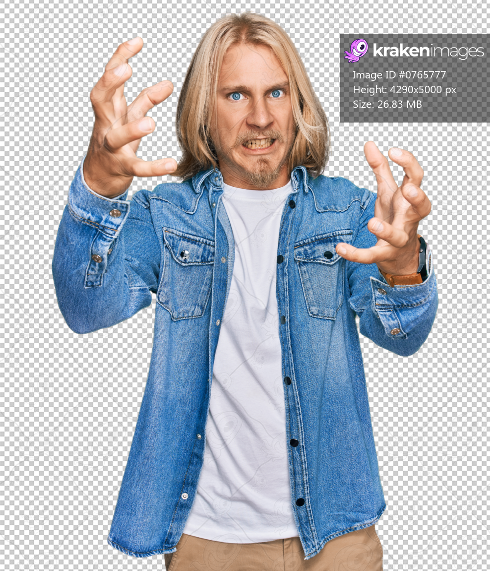 Caucasian man with blond long hair wearing casual denim jacket shouting frustrated with rage, hands trying to strangle, yelling mad