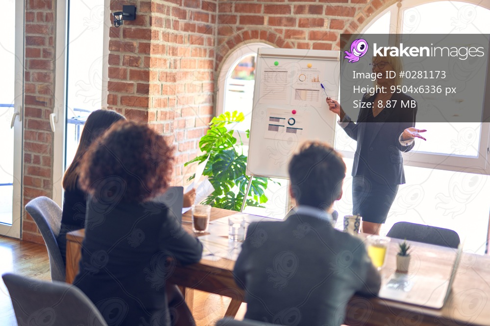 Group of business workers working together in a meeting. One of them making presentation to colleagues at the office
