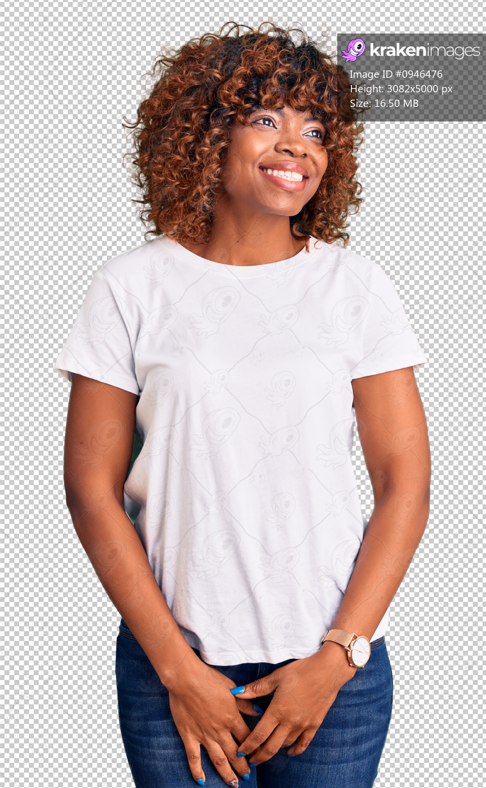Young african american woman wearing casual white tshirt looking away to side with smile on face, natural expression. laughing confident.