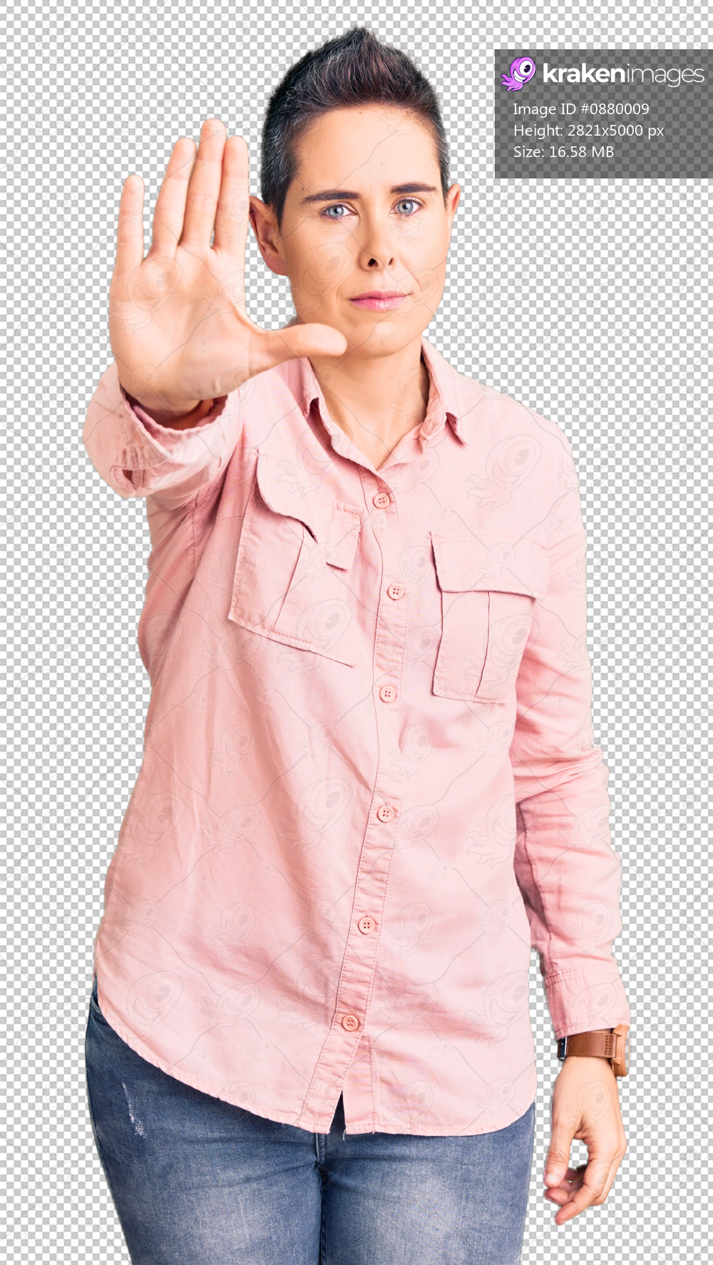 Young woman with short hair wearing casual clothes doing stop sing with palm of the hand. warning expression with negative and serious gesture on the face.