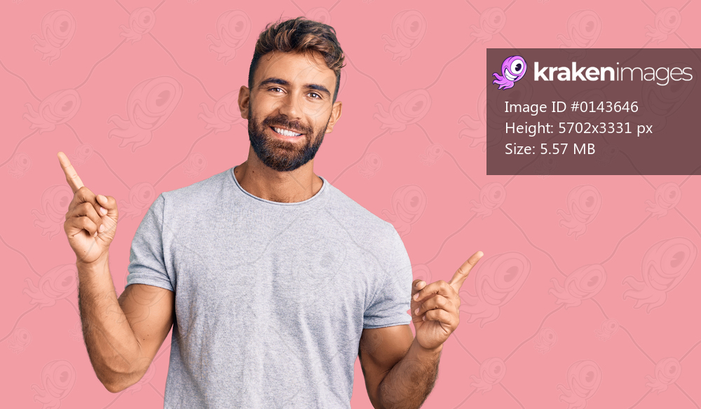 Young hispanic man wearing casual clothes smiling confident pointing with fingers to different directions. copy space for advertisement 