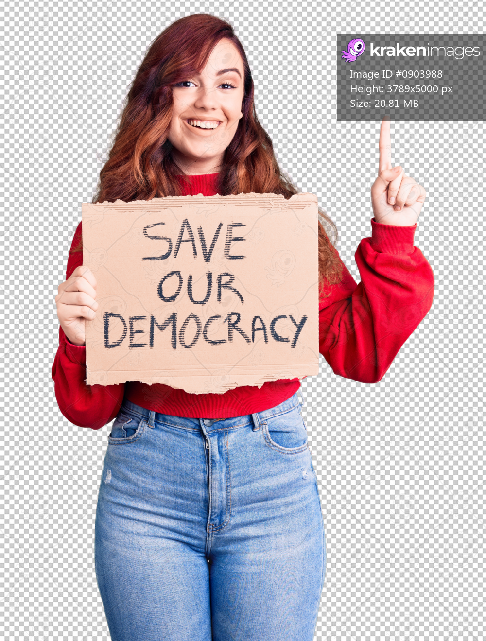 Young beautiful woman holding save our democracy protest banner surprised with an idea or question pointing finger with happy face, number one