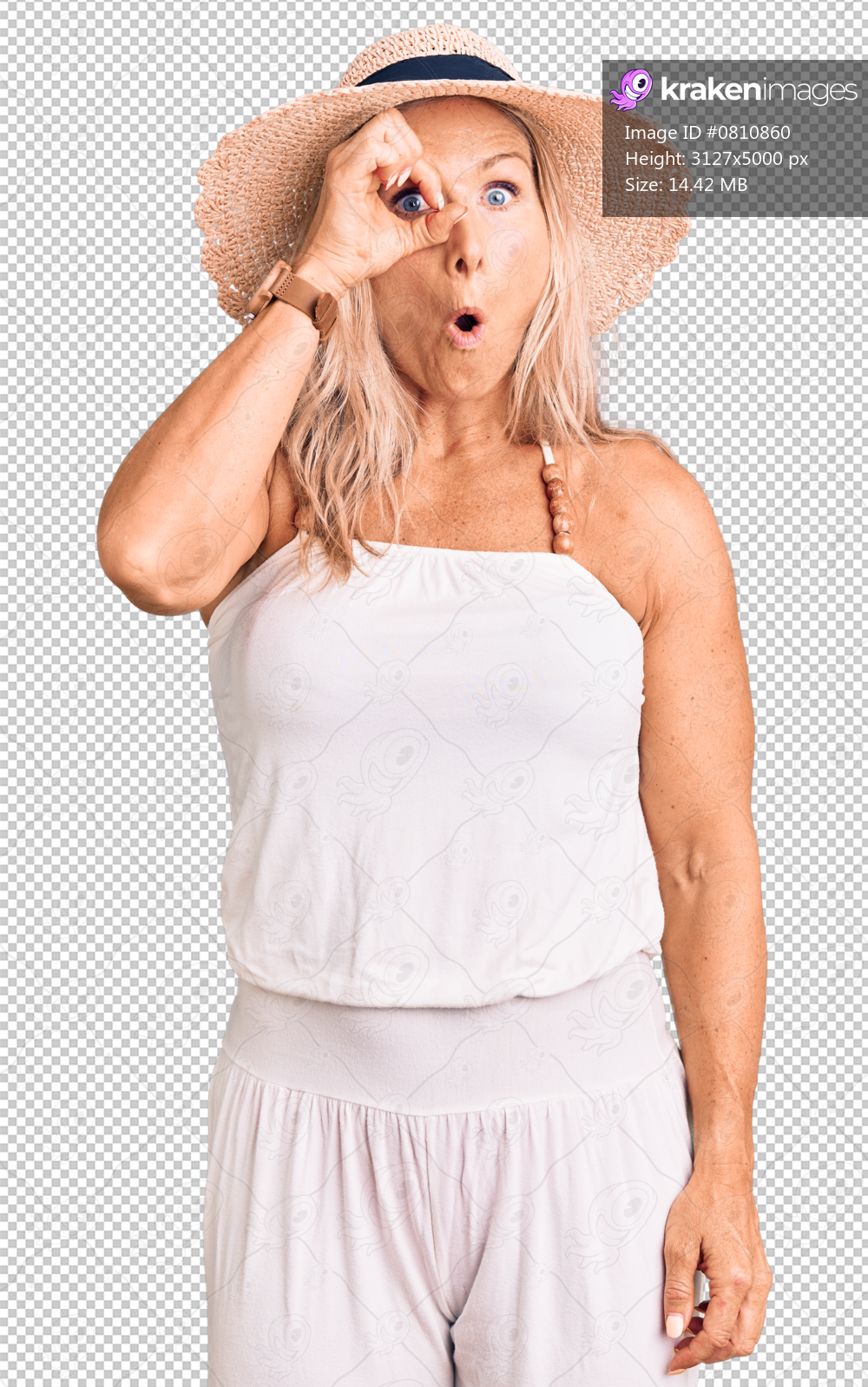 Middle age fit blonde woman wearing summer hat doing ok gesture shocked with surprised face, eye looking through fingers. unbelieving expression.