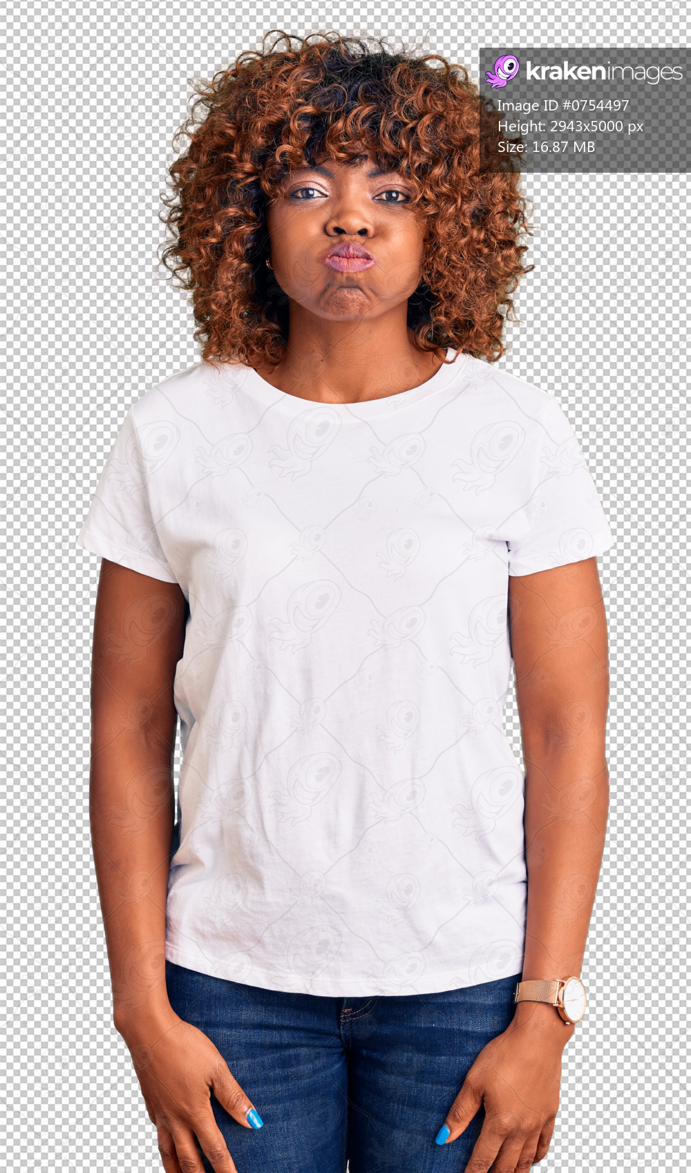 Young african american woman wearing casual white tshirt puffing cheeks with funny face. mouth inflated with air, crazy expression.