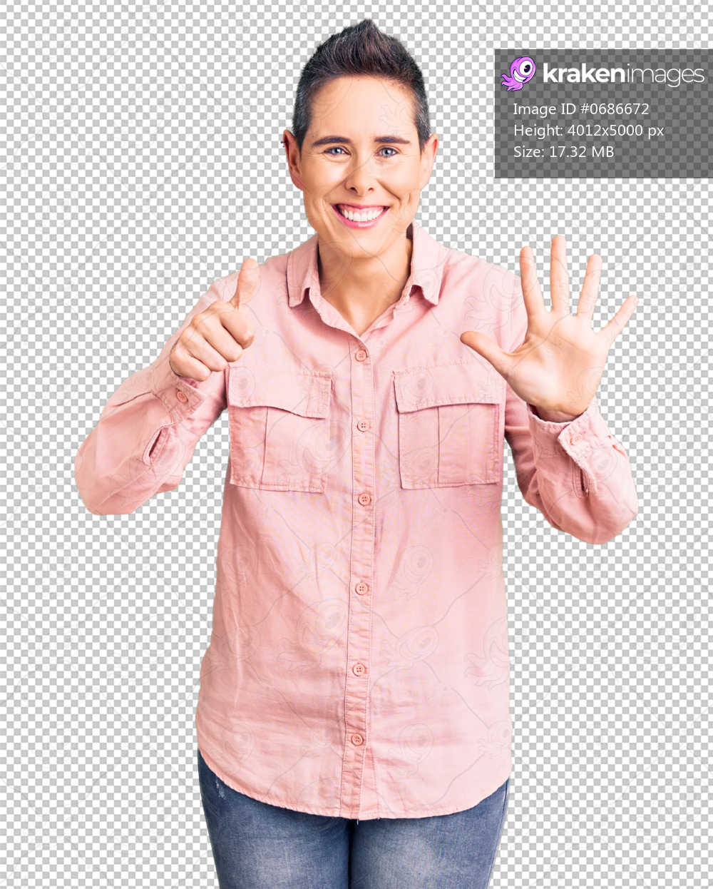 Young woman with short hair wearing casual clothes showing and pointing up with fingers number six while smiling confident and happy.