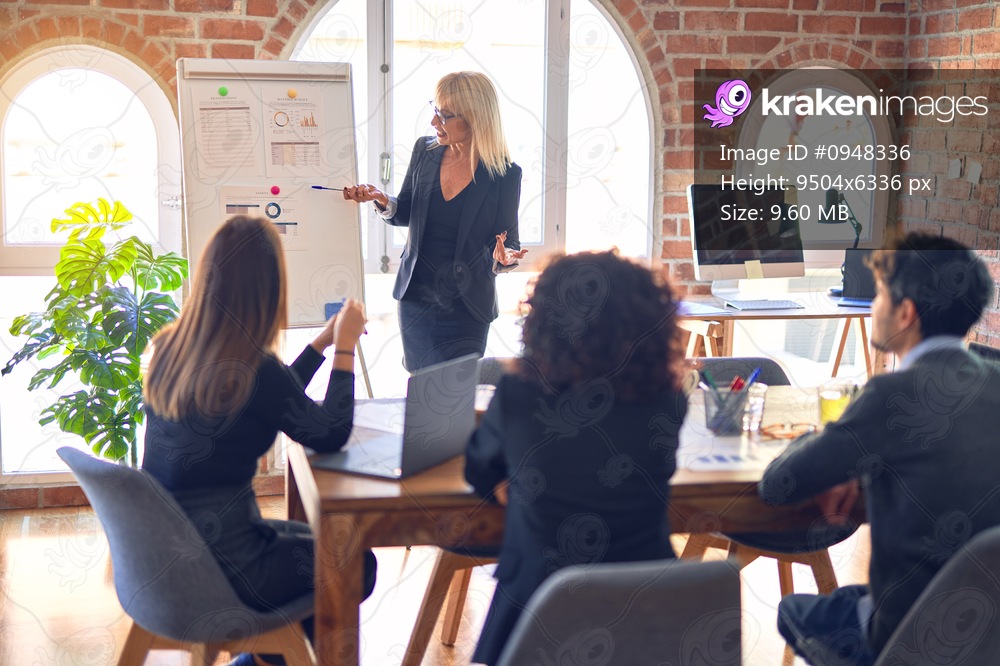 Group of business workers working together in a meeting. One of them making presentation to colleagues at the office