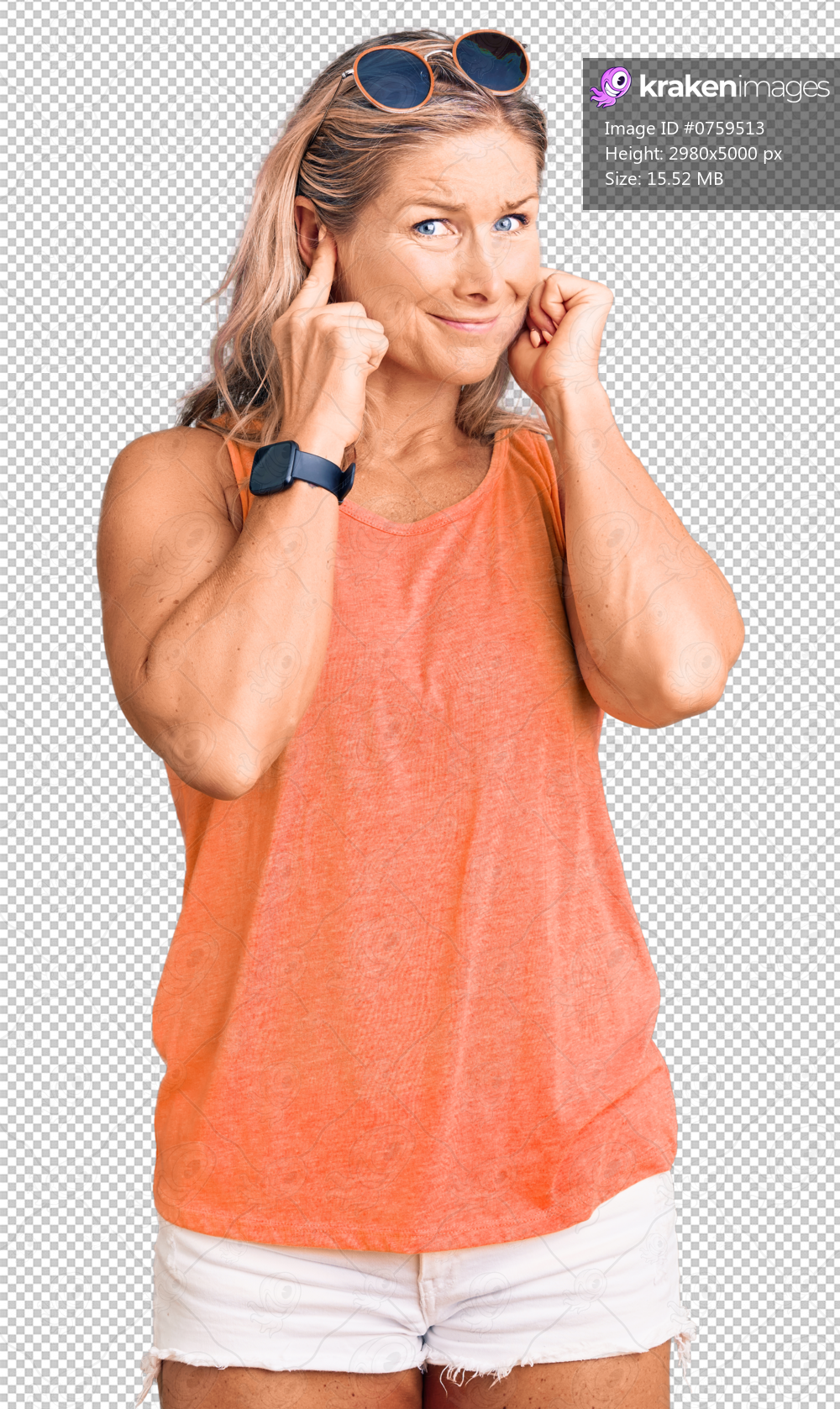 Middle age fit blonde woman wearing casual summer clothes and sunglasses covering ears with fingers with annoyed expression for the noise of loud music. deaf concept.