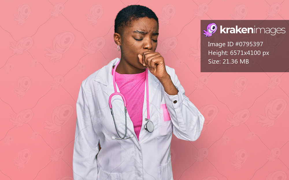 Young african american woman wearing doctor uniform and stethoscope feeling unwell and coughing as symptom for cold or bronchitis. health care concept. 