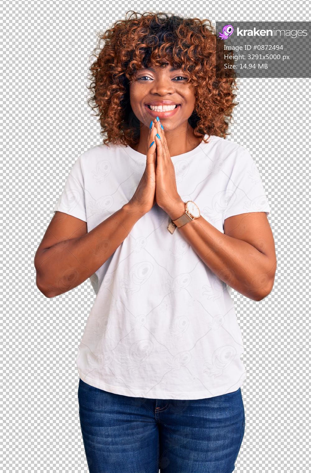 Young african american woman wearing casual white tshirt praying with hands together asking for forgiveness smiling confident.