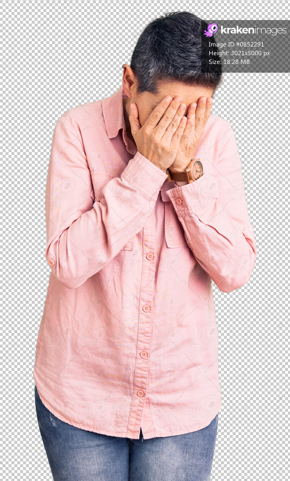 Young woman with short hair wearing casual clothes with sad expression covering face with hands while crying. depression concept.