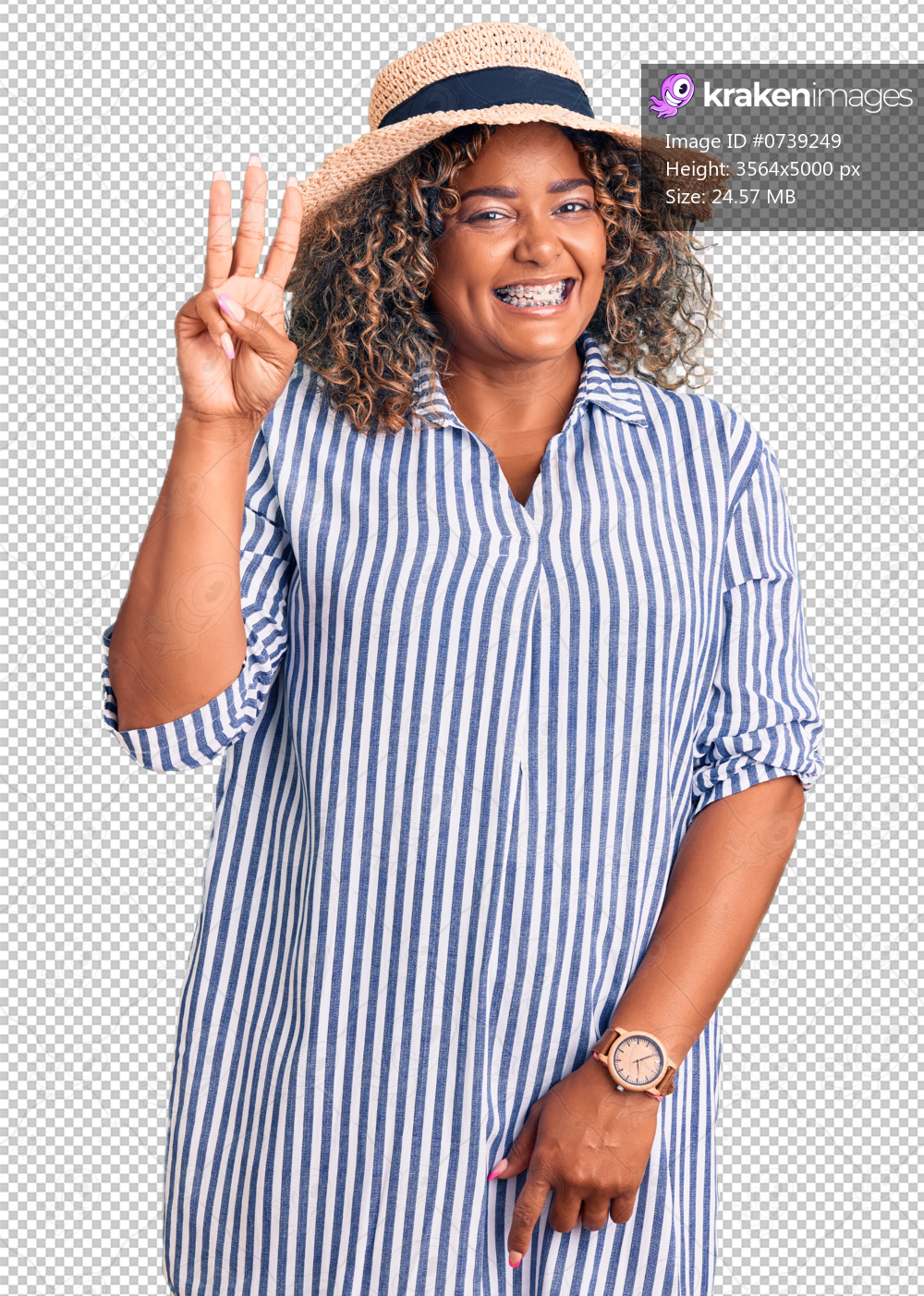 Young african american plus size woman wearing summer hat showing and pointing up with fingers number three while smiling confident and happy.
