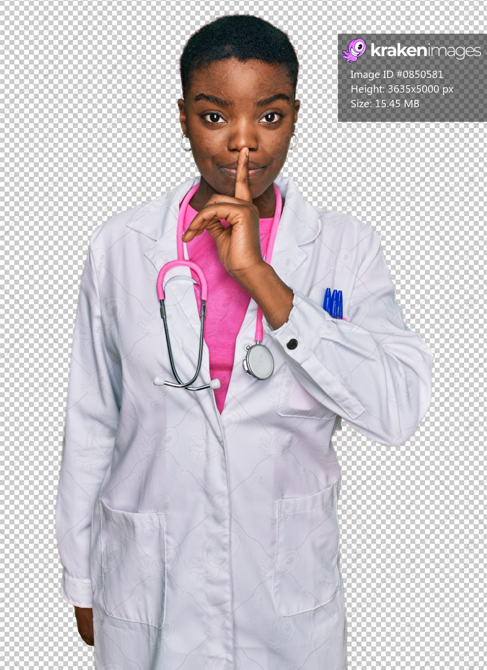 Young african american woman wearing doctor uniform and stethoscope asking to be quiet with finger on lips. silence and secret concept.