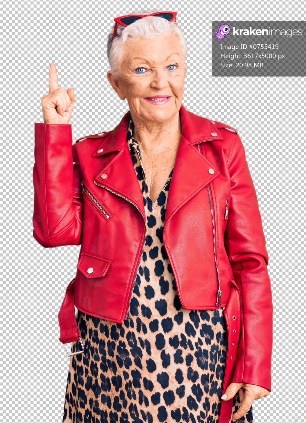 Senior beautiful woman with blue eyes and grey hair wearing a modern style with a red leather jacket pointing finger up with successful idea. exited and happy. number one.