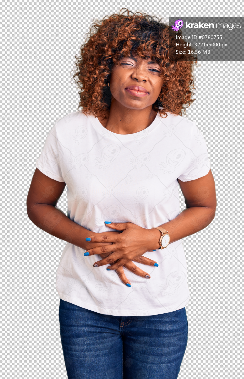 Young african american woman wearing casual white tshirt with hand on stomach because indigestion, painful illness feeling unwell. ache concept.