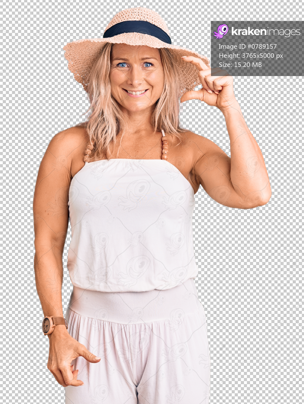 Middle age fit blonde woman wearing summer hat smiling and confident gesturing with hand doing small size sign with fingers looking and the camera. measure concept.