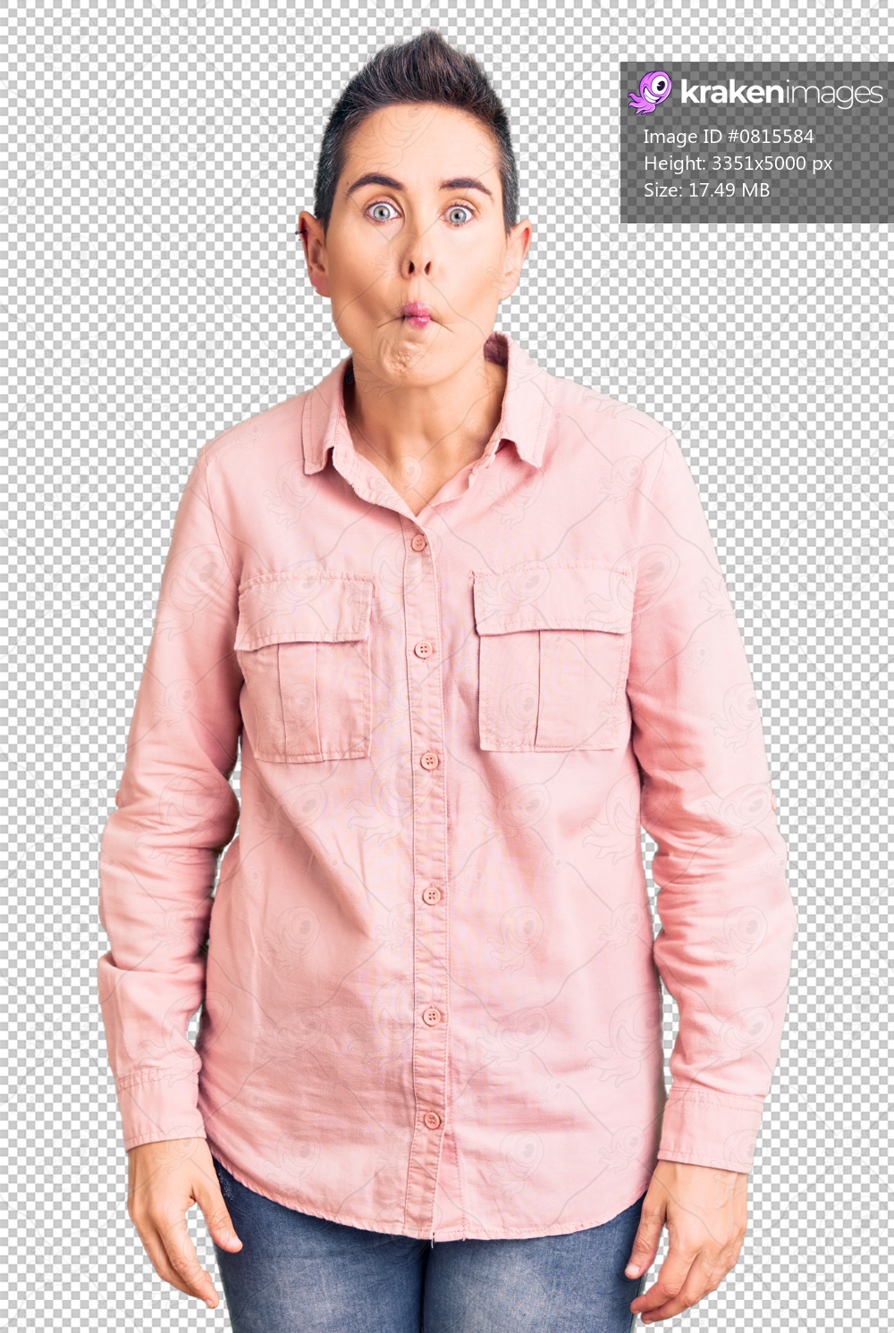 Young woman with short hair wearing casual clothes making fish face with lips, crazy and comical gesture. funny expression.