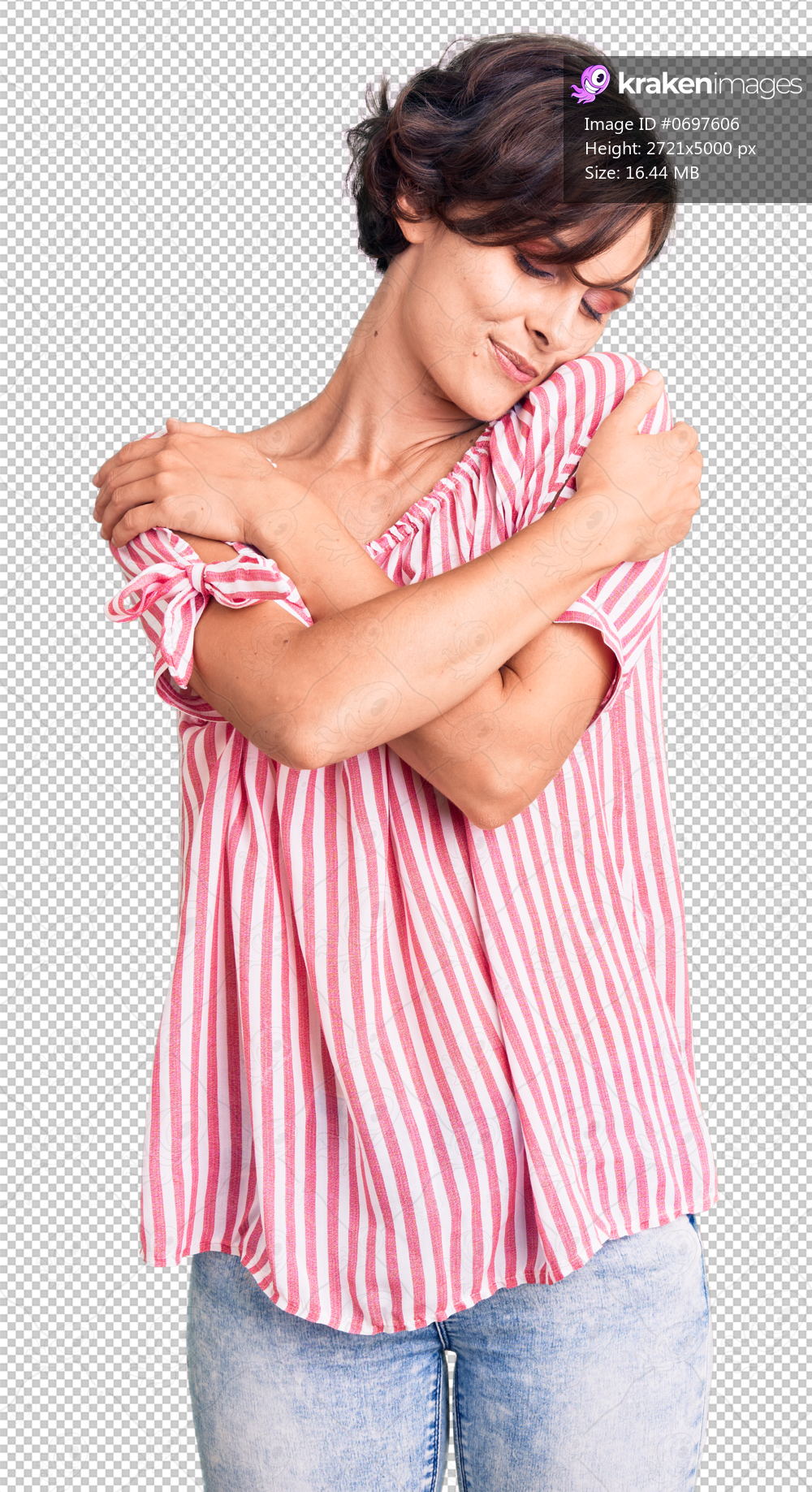 Beautiful young woman with short hair wearing casual summer clothes hugging oneself happy and positive, smiling confident. self love and self care