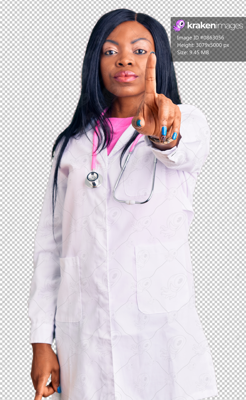 Young african american woman wearing doctor stethoscope pointing with finger up and angry expression, showing no gesture