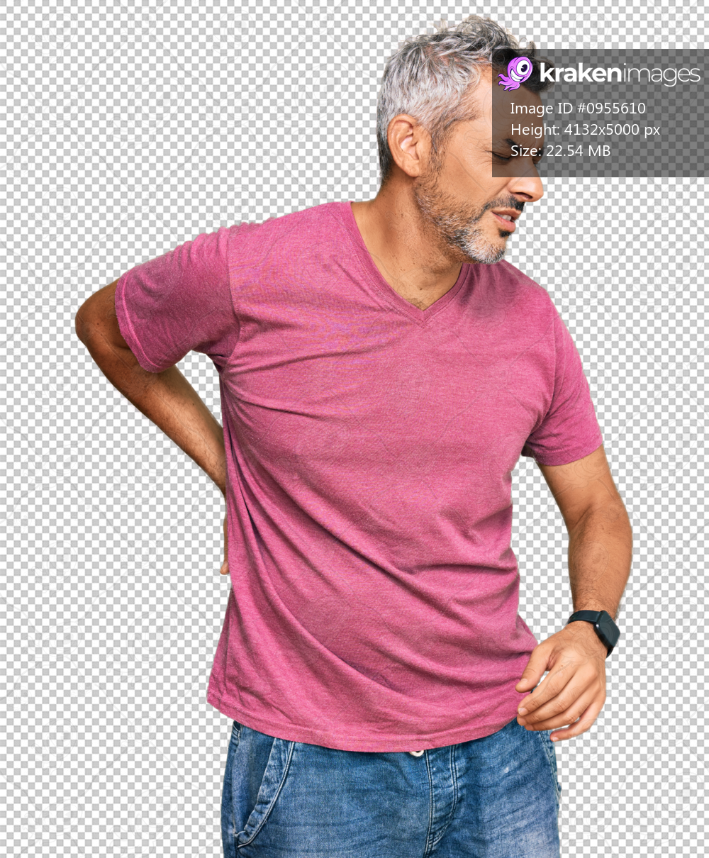 Middle age grey-haired man wearing casual clothes suffering of backache, touching back with hand, muscular pain