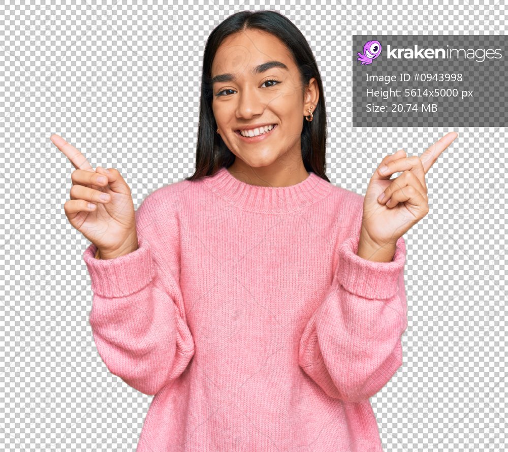 Young asian woman wearing casual winter sweater smiling confident pointing with fingers to different directions. copy space for advertisement