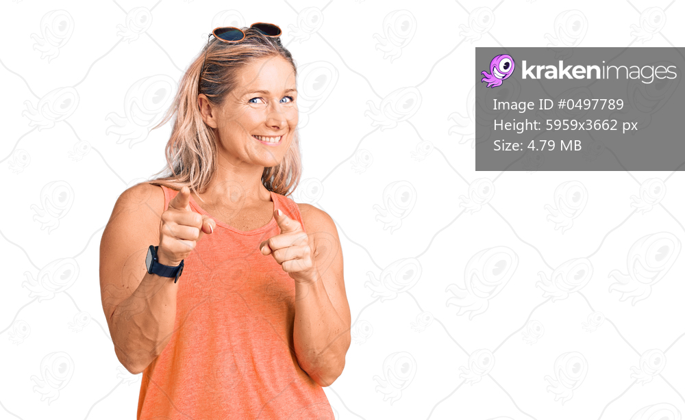 Middle age fit blonde woman wearing casual summer clothes and sunglasses pointing fingers to camera with happy and funny face. good energy and vibes. 