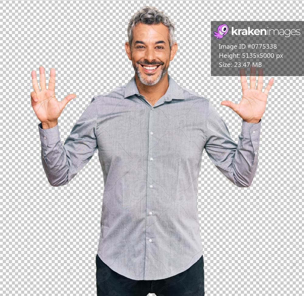 Middle age grey-haired man wearing casual clothes showing and pointing up with fingers number nine while smiling confident and happy.