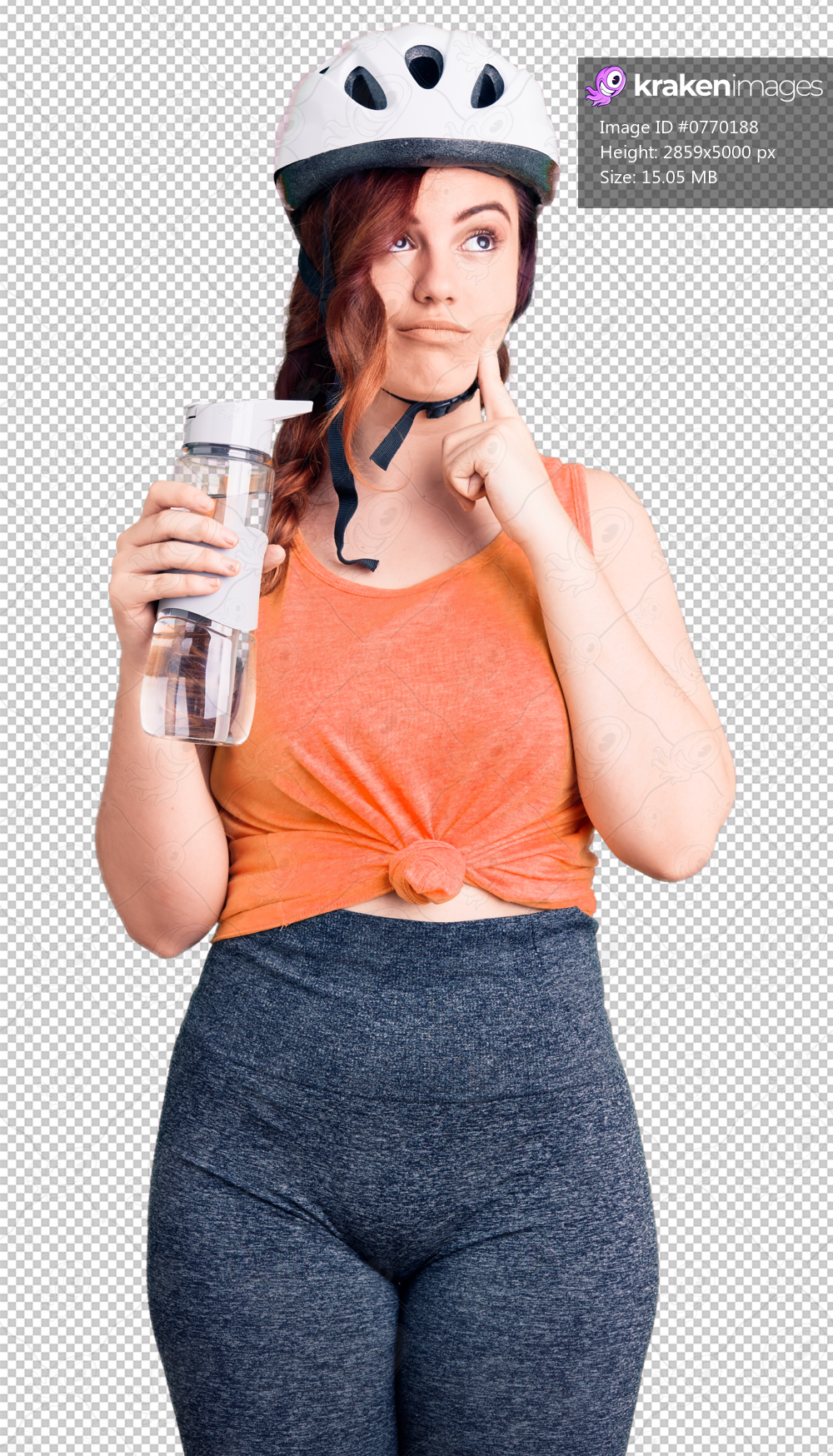 Young beautiful woman wearing bike helmet and holding water bottle serious face thinking about question with hand on chin, thoughtful about confusing idea