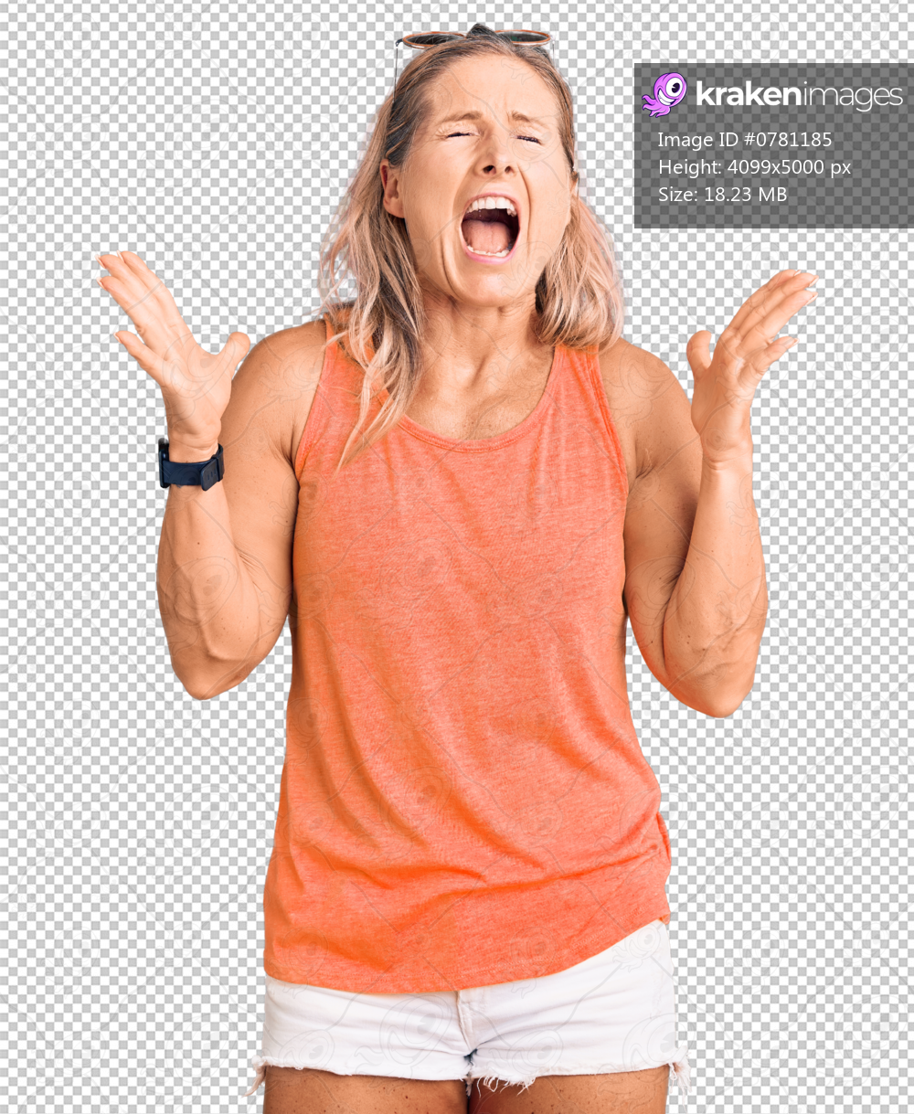 Middle age fit blonde woman wearing casual summer clothes and sunglasses celebrating mad and crazy for success with arms raised and closed eyes screaming excited. winner concept