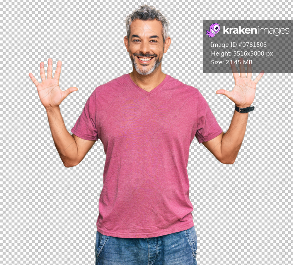 Middle age grey-haired man wearing casual clothes showing and pointing up with fingers number ten while smiling confident and happy.