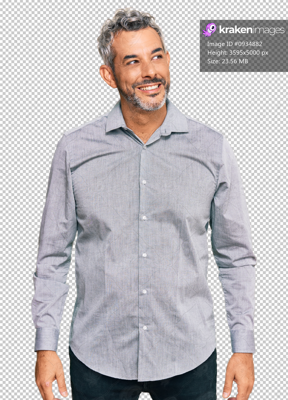 Middle age grey-haired man wearing casual clothes looking away to side with smile on face, natural expression. laughing confident.