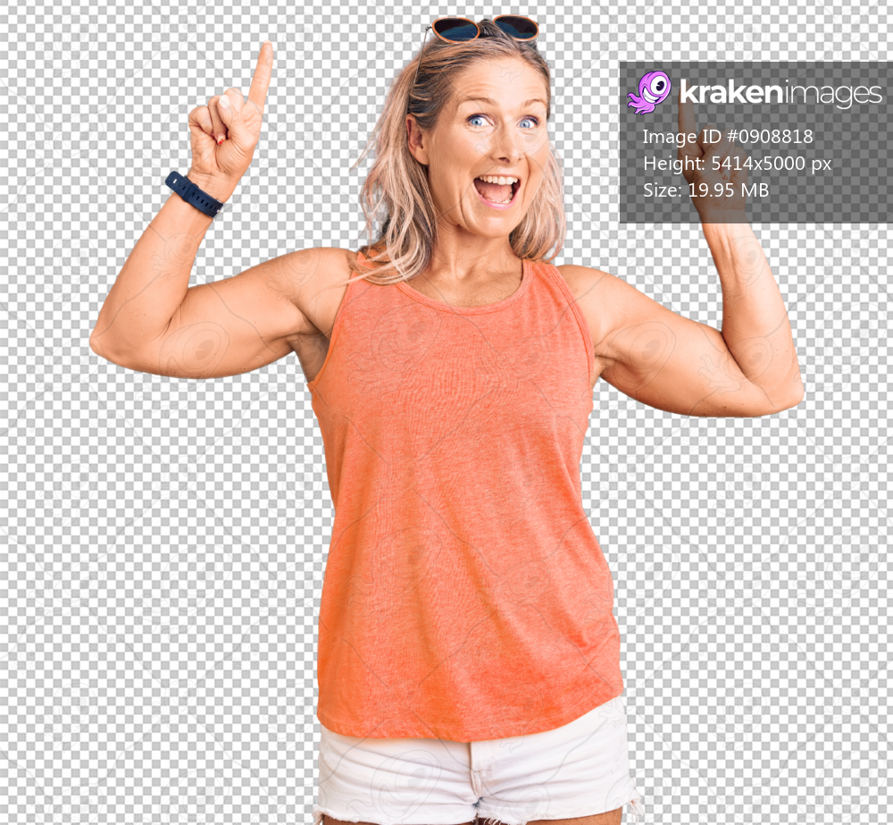 Middle age fit blonde woman wearing casual summer clothes and sunglasses smiling amazed and surprised and pointing up with fingers and raised arms.