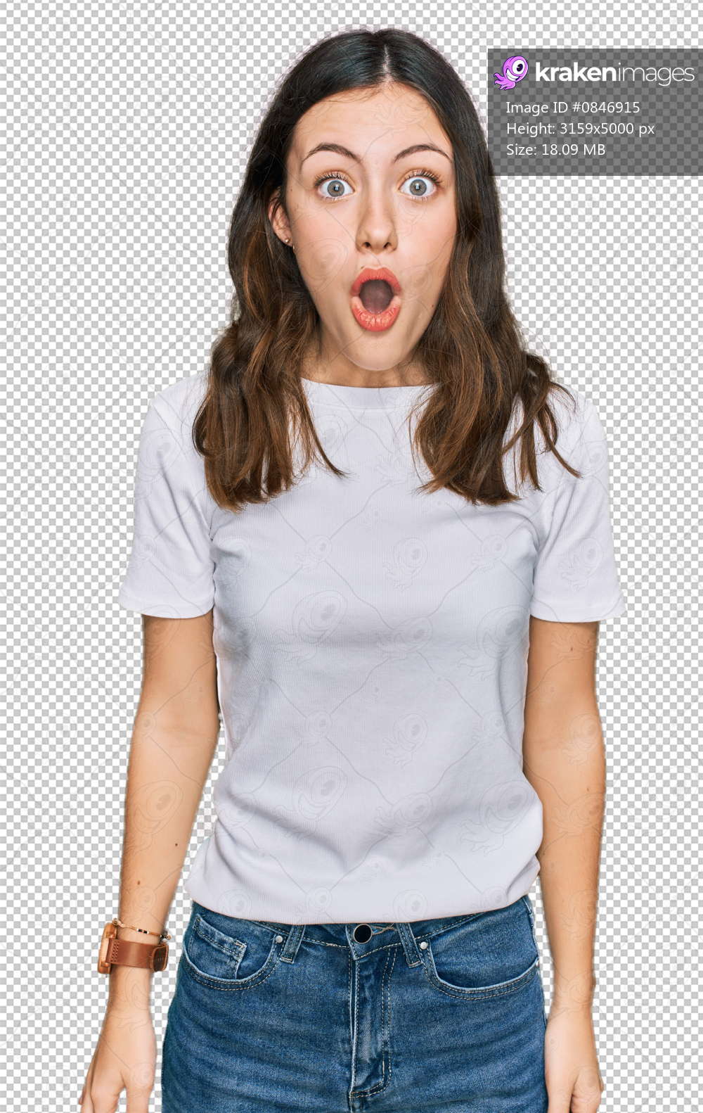 Young beautiful woman wearing casual white t shirt afraid and shocked with surprise and amazed expression, fear and excited face.