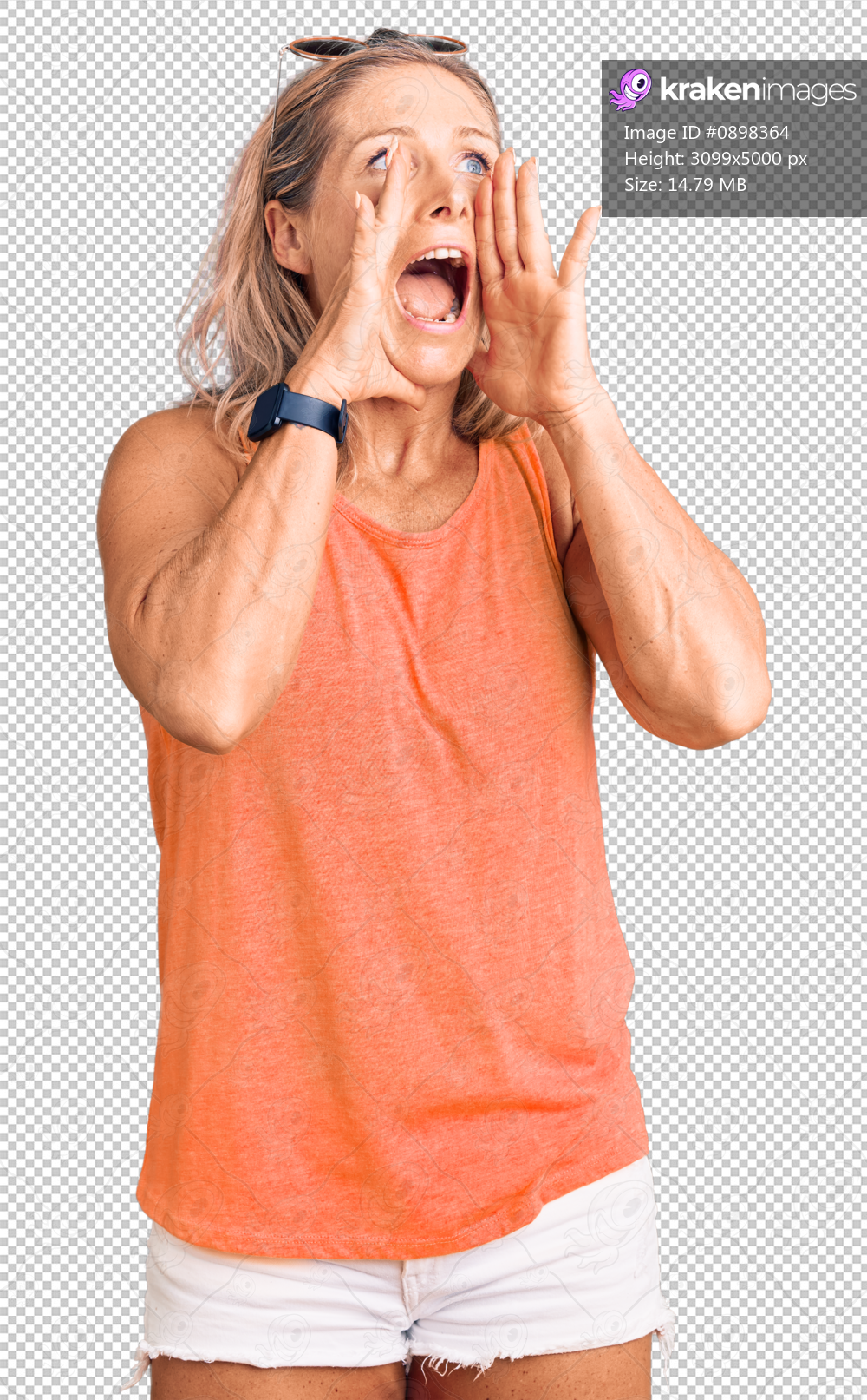 Middle age fit blonde woman wearing casual summer clothes and sunglasses shouting angry out loud with hands over mouth