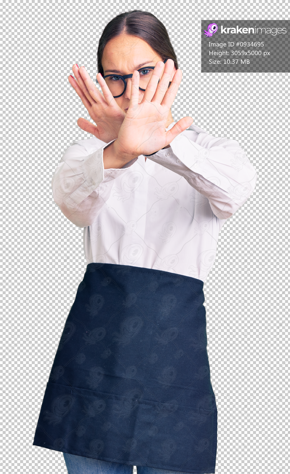 Beautiful brunette young woman wearing professional waitress apron rejection expression crossing arms doing negative sign, angry face
