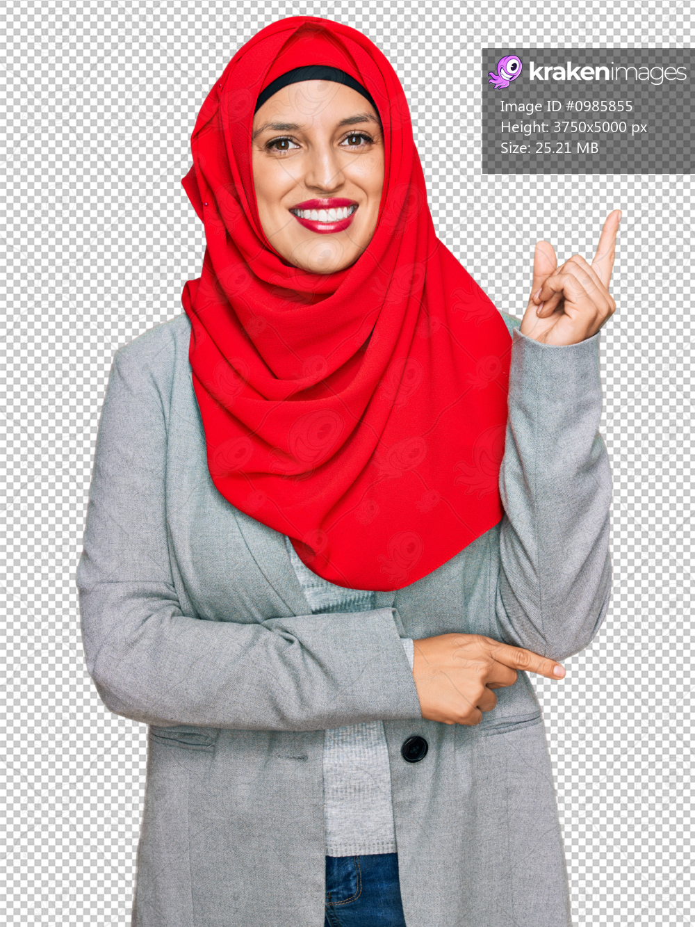 Beautiful hispanic woman wearing traditional islamic hijab scarf smiling happy pointing with hand and finger to the side