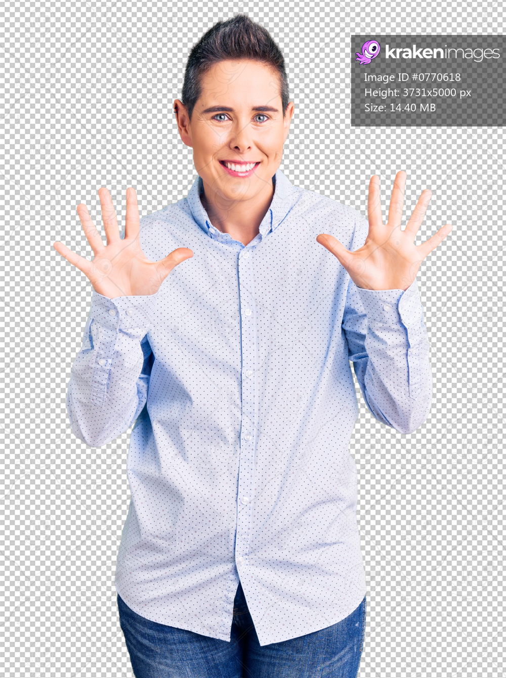 Young woman with short hair wearing business clothes showing and pointing up with fingers number ten while smiling confident and happy.