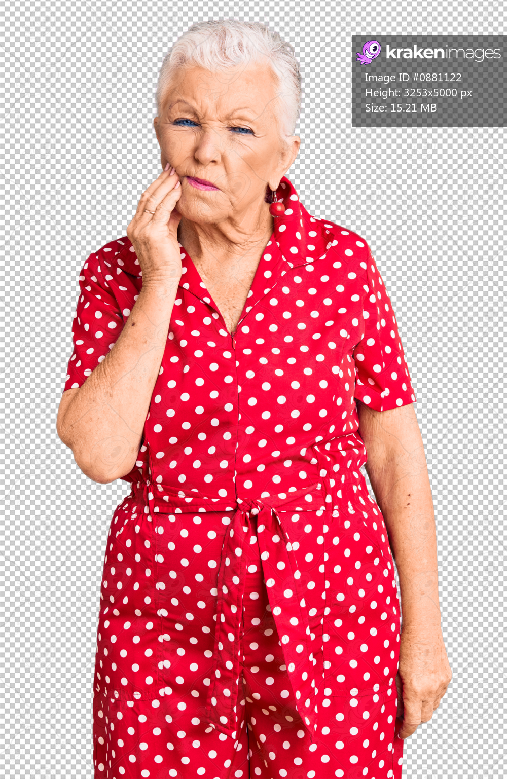 Senior beautiful woman with blue eyes and grey hair wearing a red summer dress touching mouth with hand with painful expression because of toothache or dental illness on teeth. dentist