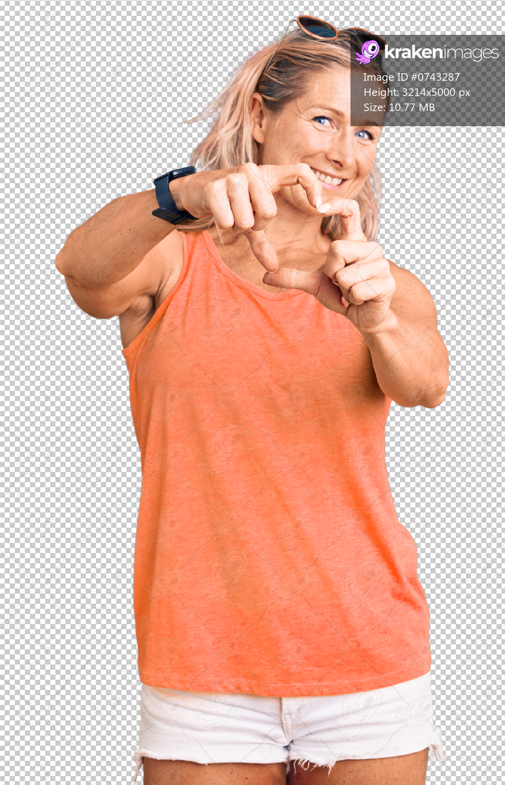 Middle age fit blonde woman wearing casual summer clothes and sunglasses smiling in love doing heart symbol shape with hands. romantic concept.